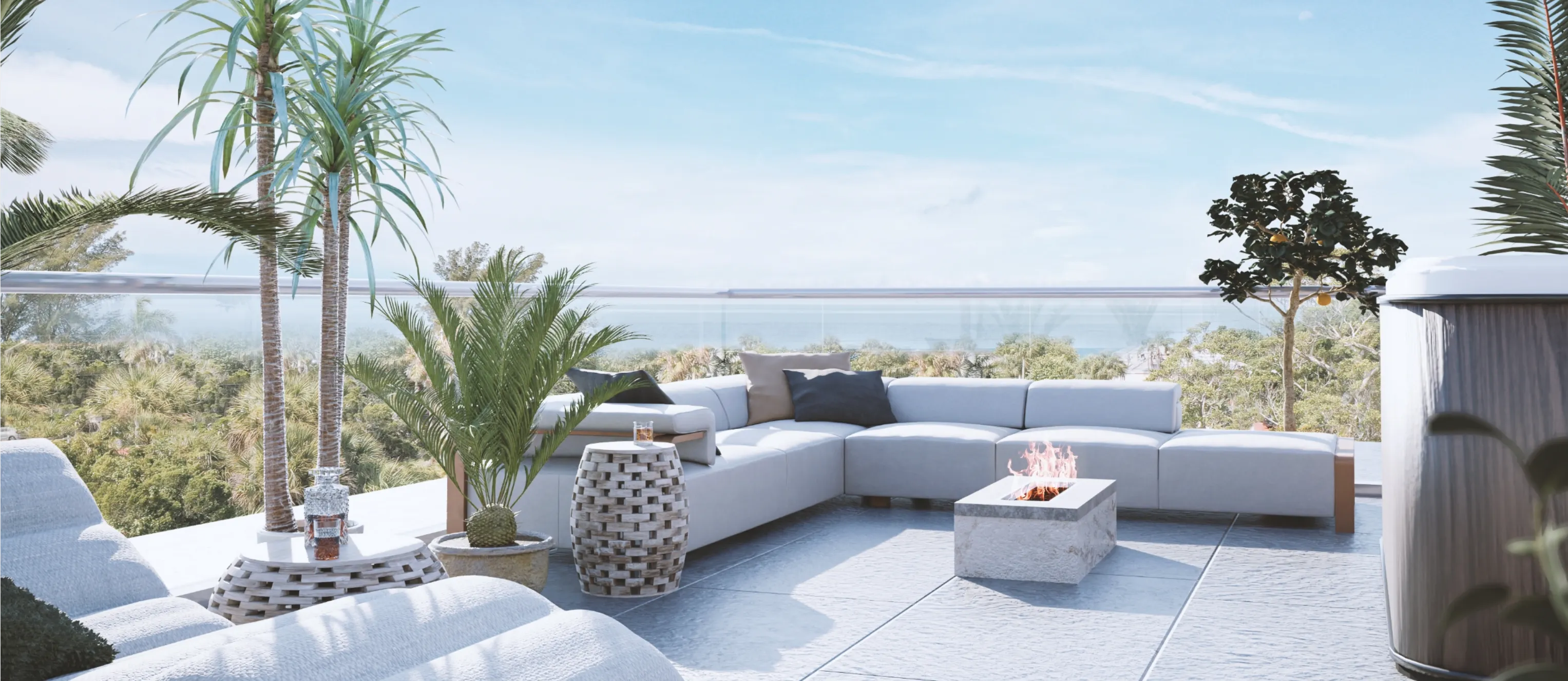 A 3D rendering of a rooftop terrace with a fire pit and a view of the ocean. The terrace is furnished with a comfortable seating area, a dining table, and several potted plants.